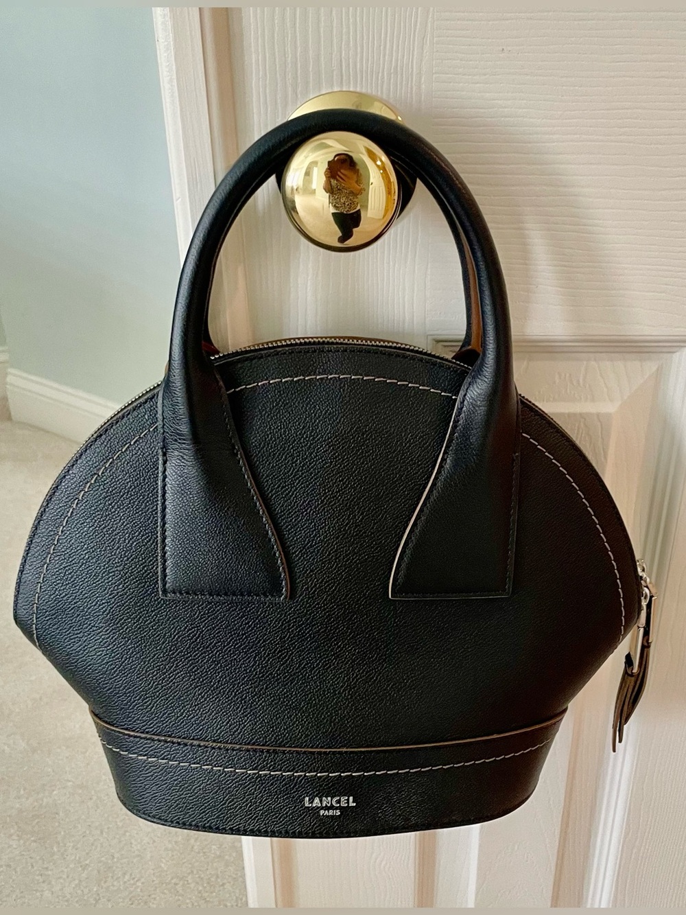 Lancel Paris Black Leather Top Handle Satchel Structured Architectural Handbag